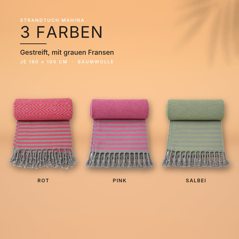 Strandtuch MAHINA in drei Farben: Rot, Pink, Salbei