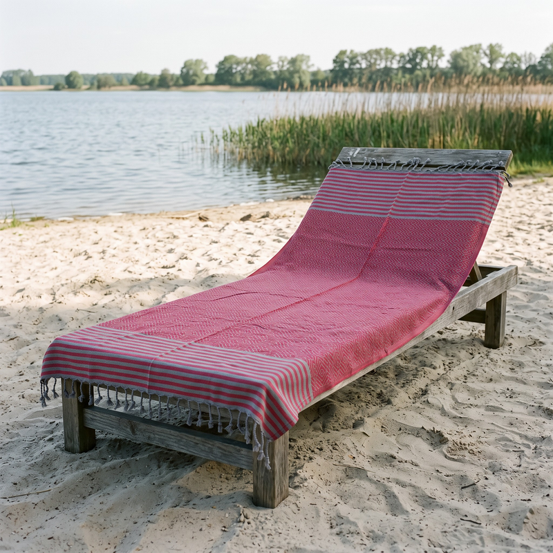 Rotes Strandtuch MAHINA ausgebreitet auf einer Holzliege am Strand eines Badesees