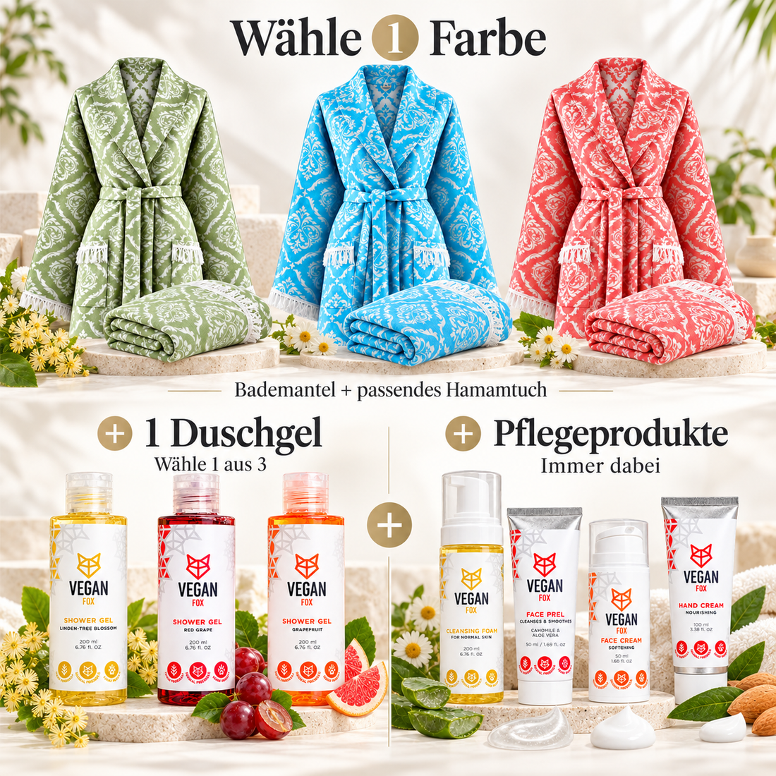 Set Mein ganzer Wellnesstag mit Bademantel, Hamamtuch und VEGAN FOX Pflege im Überblick