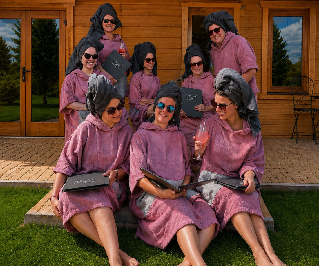 Frauen mit Handtuchturban und Prosecco beim Klatschweiber-Tag vor dem Ruhehaus der Meri Sauna