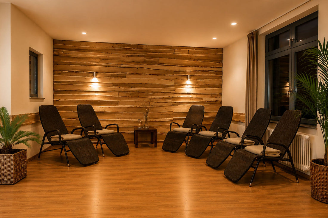 Stiller Ruheraum der Meri Sauna mit Relaxliegen und Holzwand