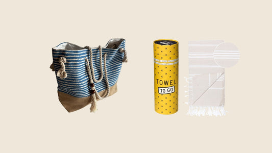 Schwimmbad-Packliste: Strandtasche Marina und beiges Hamamtuch Towel To Go mit Geschenkdose
