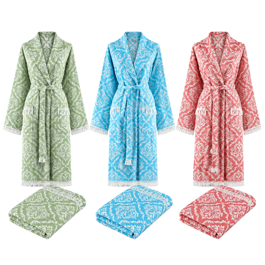Trimita Barok Bademantel mit passendem Hamamtuch in Grün, Blau und Rot