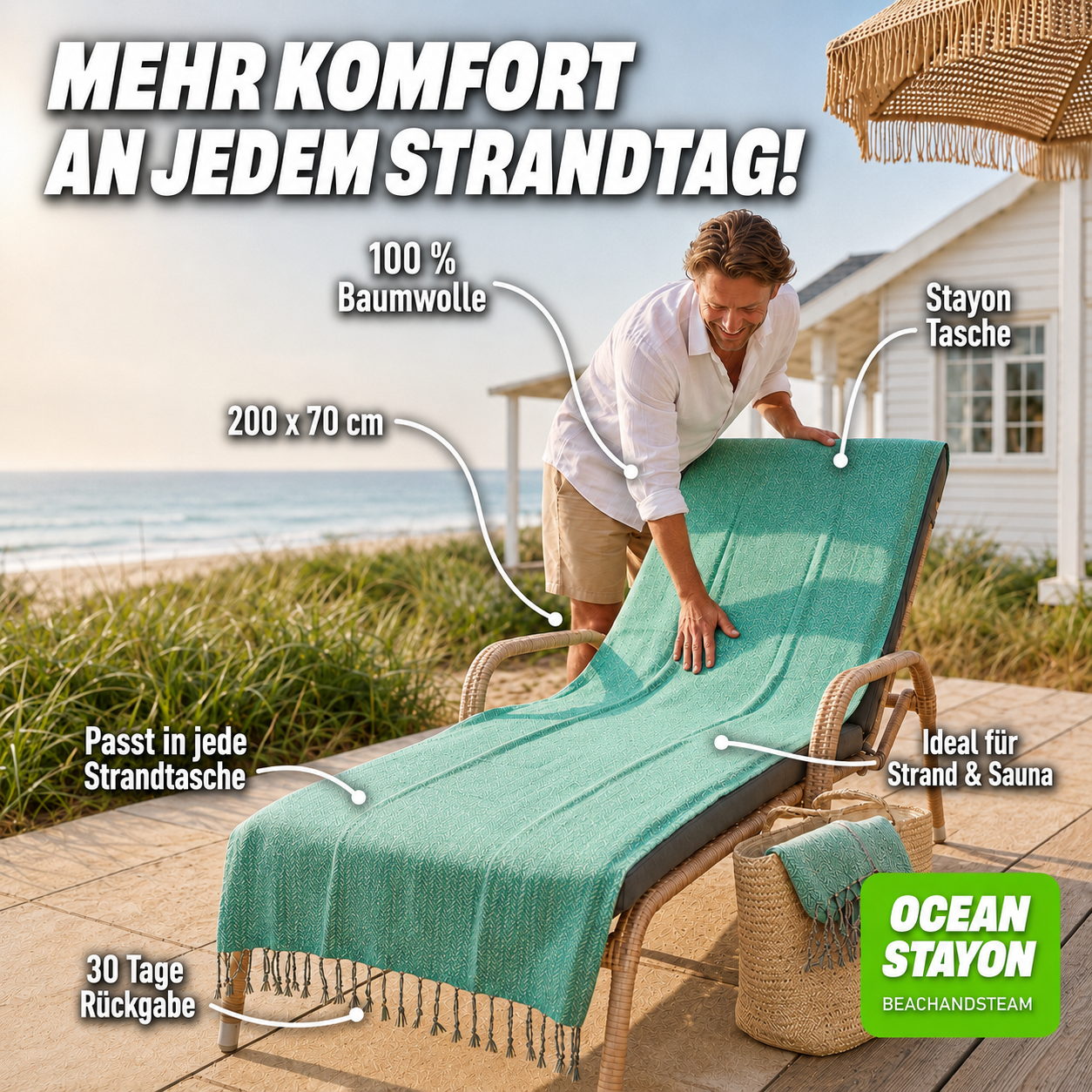 Bademantel Ocean StayOn aus Strandtuch-Baumwolle, 200 x 70 cm, mit blauen Meeresmustern von BeachAndSteam.