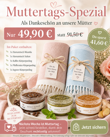 BeachAndSteam Muttertagsgeschenk mit 2 Hamamtüchern und 3 Körperpeelings, Wellness-Set für entspannte Momente