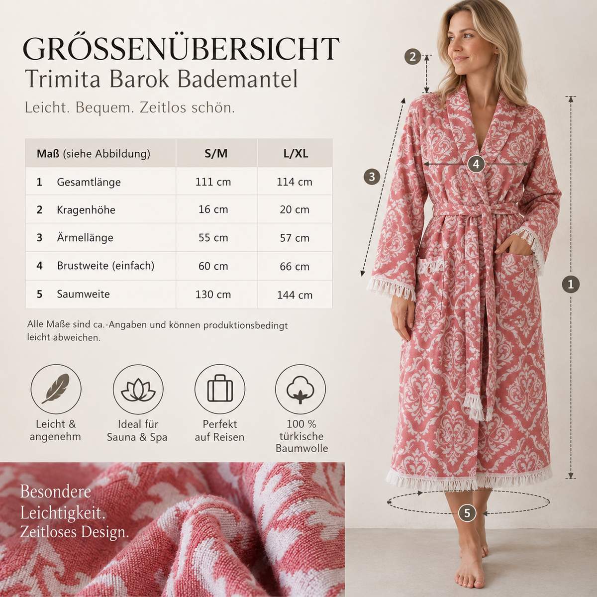 Größenübersicht Trimita Barok Bademantel S/M und L/XL