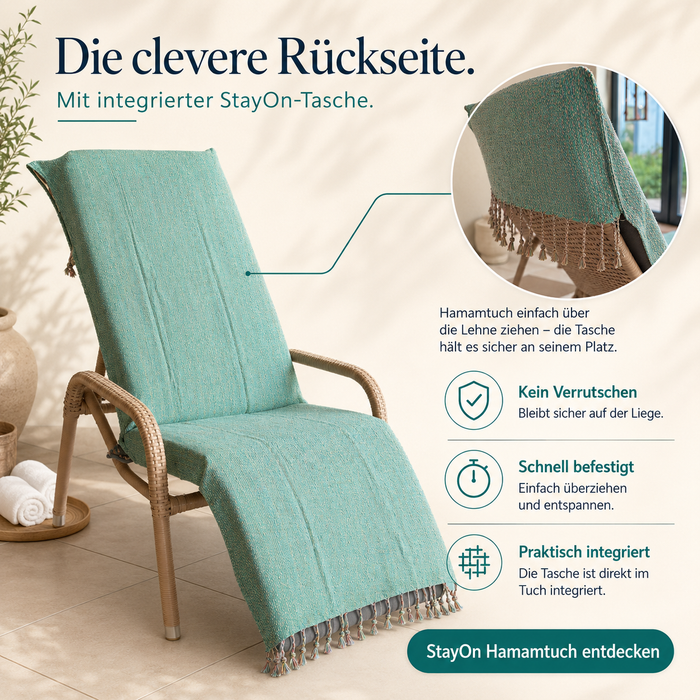 Strandtuch Ocean StayOn von BeachAndSteam, 200 x 70 cm, mit maritimem Design, aus weichem, saugfähigem Hamamtuchstoff.