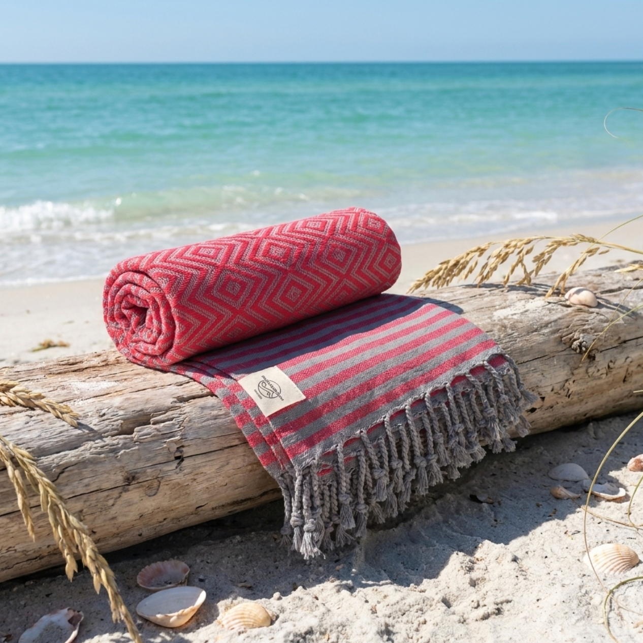Hambamtuch MAHINA von BeachAndSteam, Baumwoll-Strand- und Saunatuch mit bunten Streifen, lässig über eine Liege drapiert