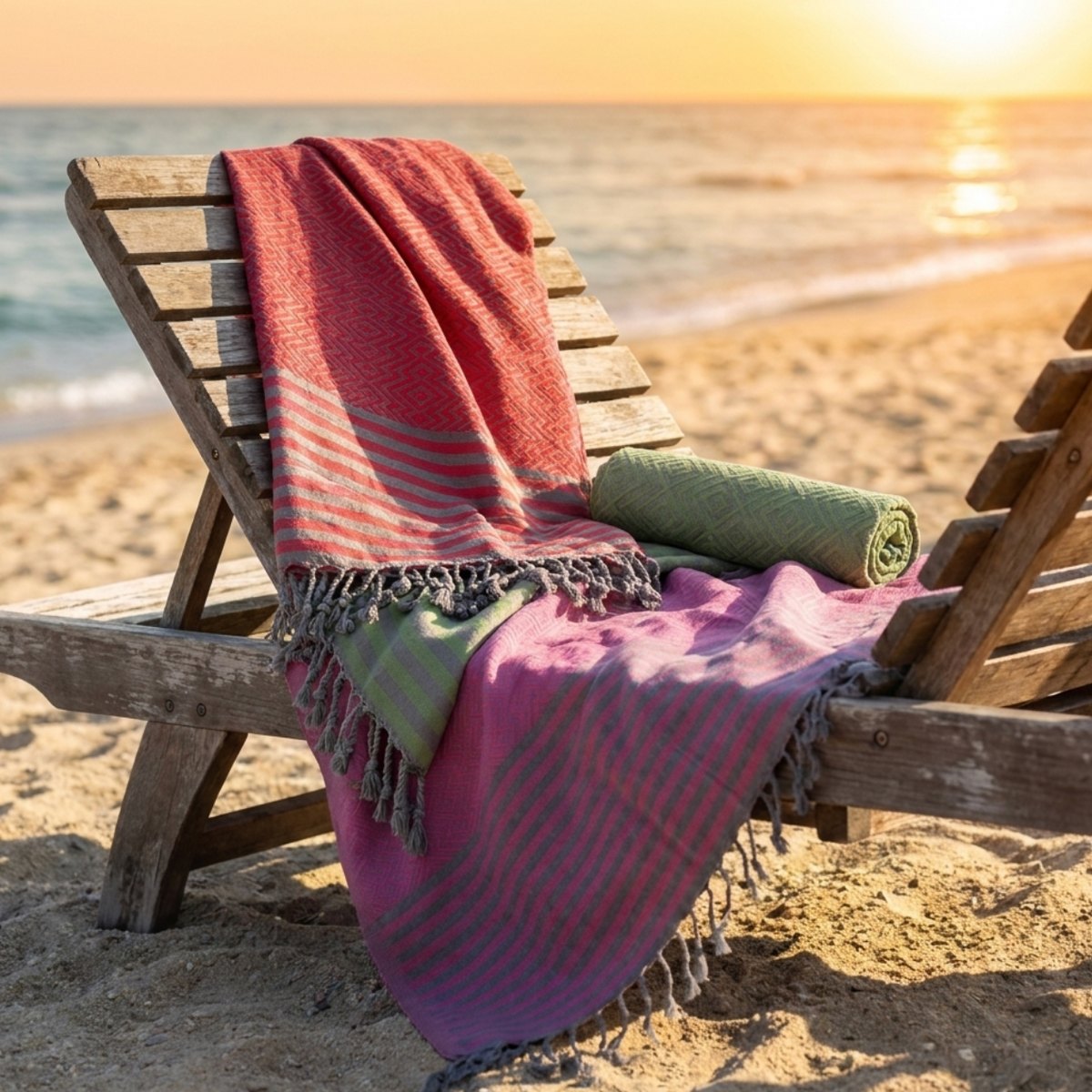 Strandtuch MAHINA in den Farben Rot-Grau, Grün-Grau und Pink-Grau