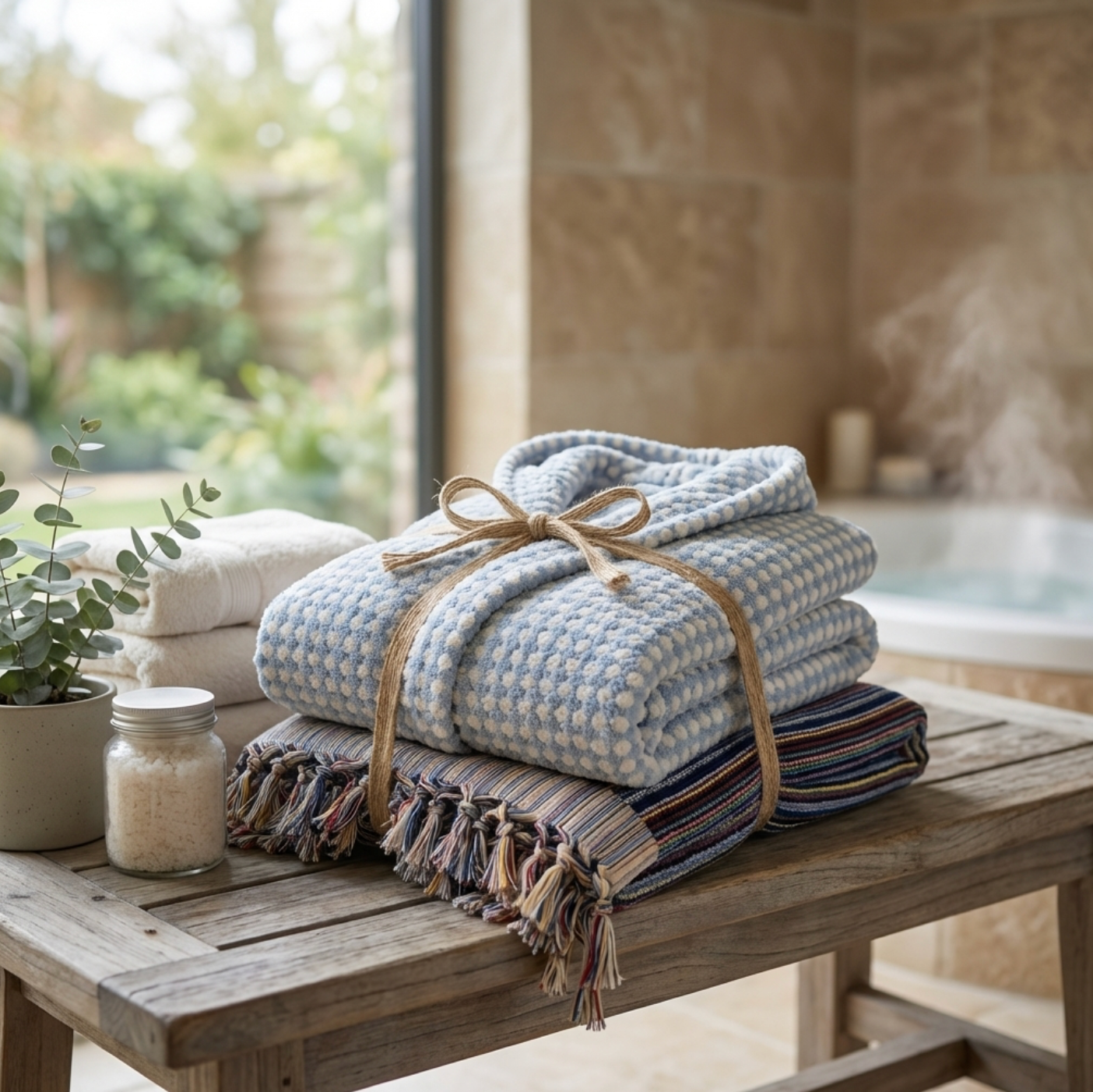 BeachAndSteam Saunatuch und Bademantel aus 100 % Baumwolle, weiche Textur, ideal für Sauna und Wellness, in natürlichem Design