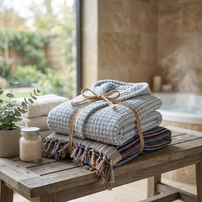 BeachAndSteam Saunatuch und Bademantel aus 100 % Baumwolle, weiche Textur, ideal für Sauna und Wellness, in natürlichem Design