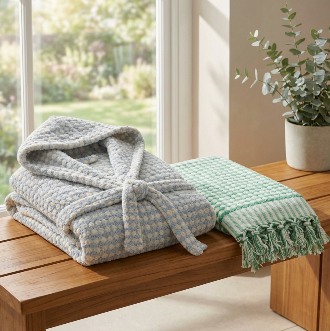 BeachAndSteam Saunatuch und Bademantel aus 100 % Baumwolle, weiches, bequemes Set für Sauna und Wellness.