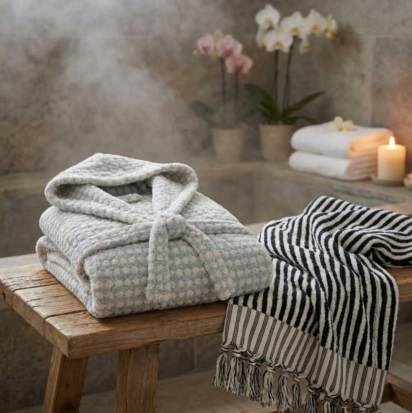 BeachAndSteam Saunatuch und Bademantel aus 100 % Baumwolle, weiche Textur, ideal für Sauna und Wellness.