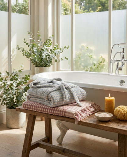 BeachAndSteam Saunatuch und Bademantel aus 100 % Baumwolle, weicher Stoff, bequemes Design, ideal für Sauna und Wellness.