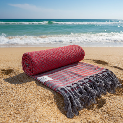 Weiches Hamamtuch MAHINA von BeachAndSteam aus Baumwolle, ideal als Strandtuch, mit traditionellem Muster, in lebendigen Farben.