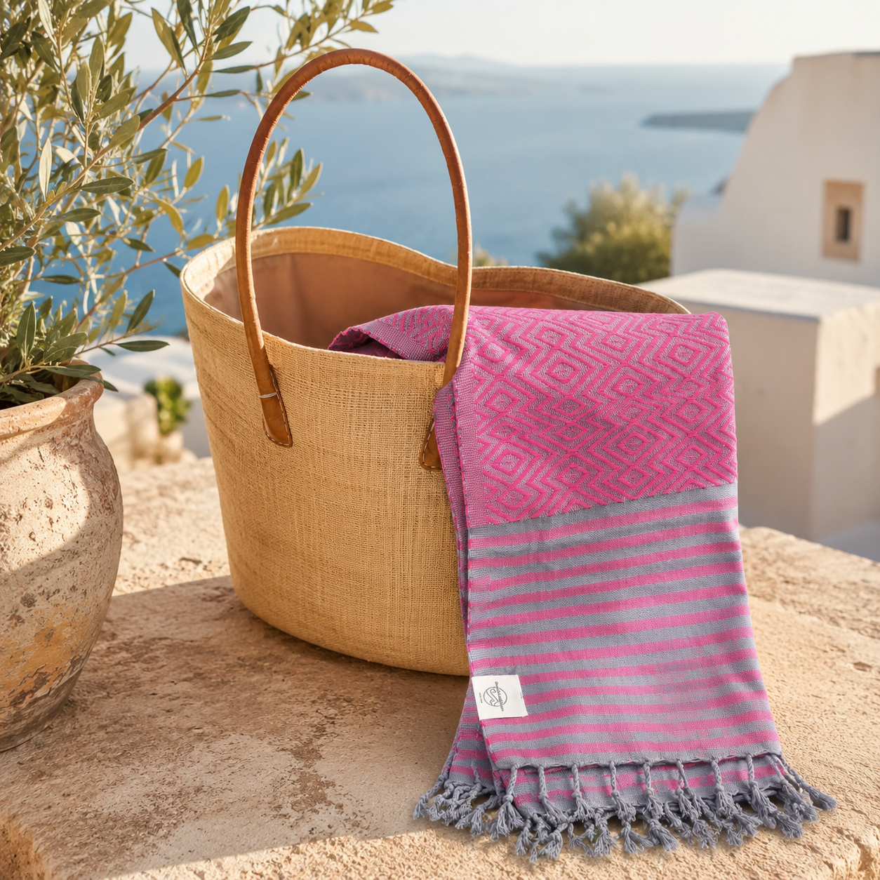 Weiches Hamamtuch MAHINA von BeachAndSteam, Strandtuch aus Baumwolle mit traditionellem Muster, zum Trocknen und Sonnenbaden.