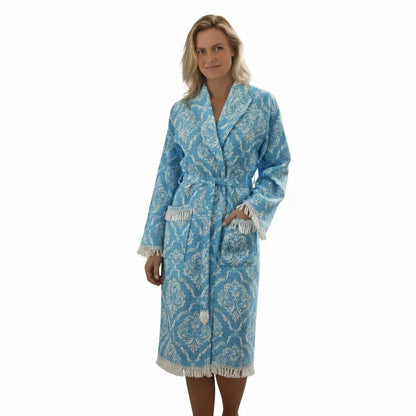 Blauer Trimita Barok Bademantel aus 100 % Baumwolle, weicher und bequemer Bademantel für Damen 