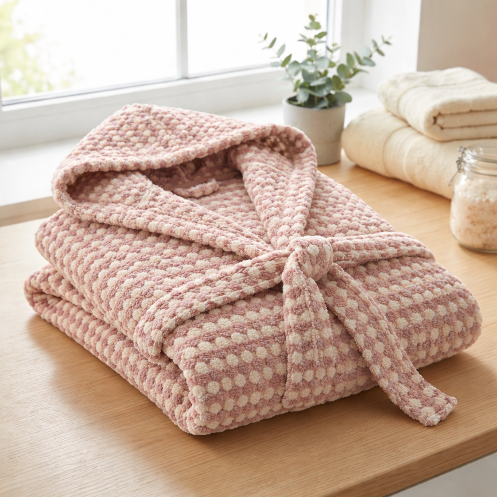 BeachAndSteam DOTWAVE Bademantel aus 100 % Baumwolle, weiche Textur und bequemer Schnitt, vor allem in hellblau gehalten.