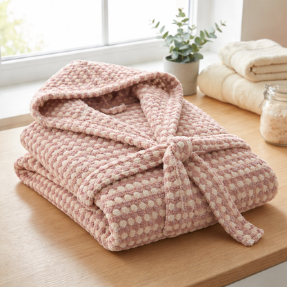 BeachAndSteam DOTWAVE Bademantel aus 100 % Baumwolle, weiche Textur und bequemer Schnitt, vor allem in hellblau gehalten.