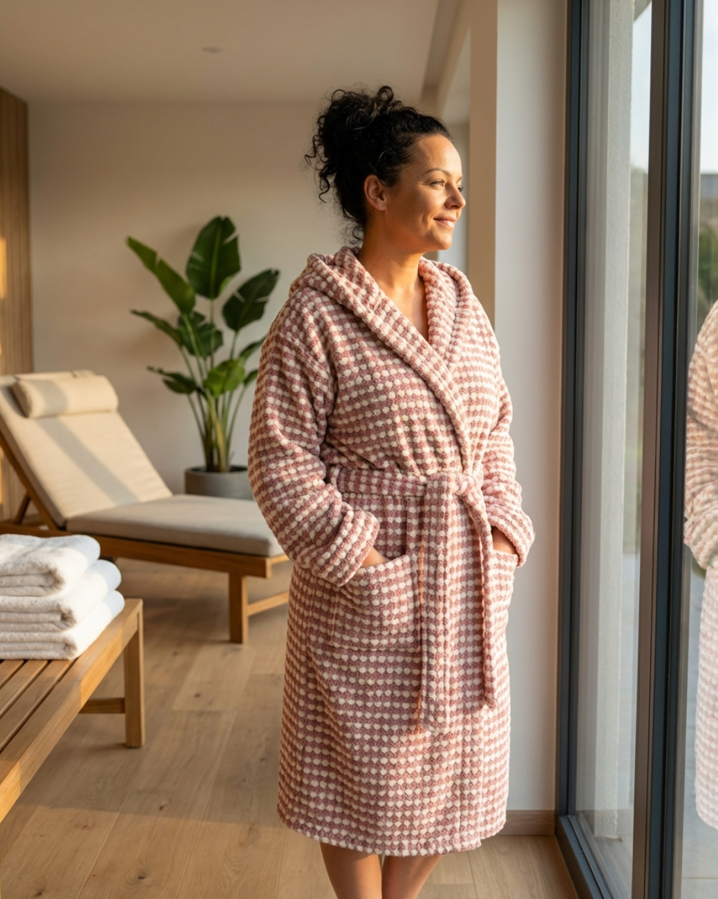 Weißer Baumwoll-Bademantel von BeachAndSteam, bequem und weich, mit Kapuze und Gürtel für Damen.