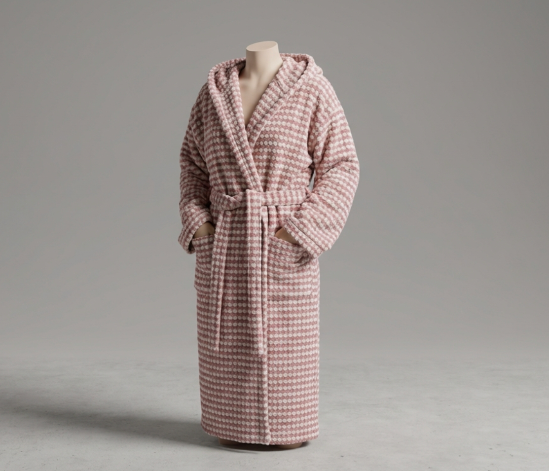 Weißer Baumwoll-Bademantel von BeachAndSteam mit Kapuze und Bindegürtel, bequem und weich für Sauna oder Bad.