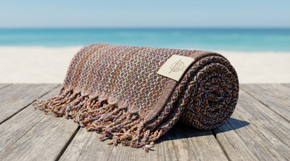 Schwarzes Hamamtuch Ocean aus 100 % Baumwolle von BeachAndSteam, weiches und saugfähiges Strandtuch in Nahaufnahme