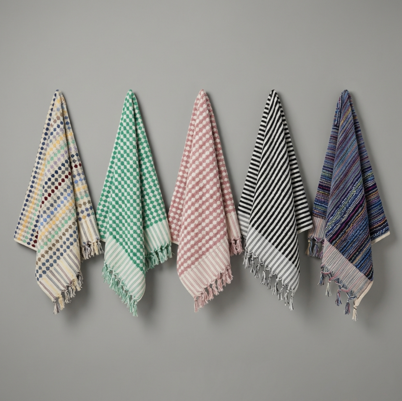 Großes DOTWAVE Saunatuch von BeachAndSteam, 90 x 175 cm, aus 100 % Baumwolle, mit buntem Confetti-Pop-Design.