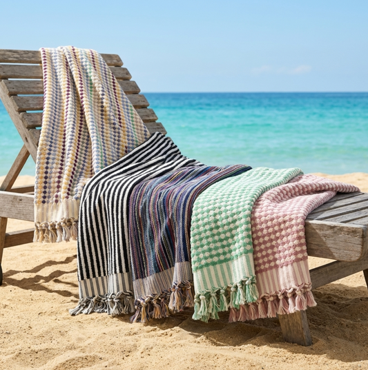 Großes BeachAndSteam Saunatuch XL aus 100 % Baumwolle mit buntem Confetti-Pop-Dotwave-Design, 90 x 175 cm.