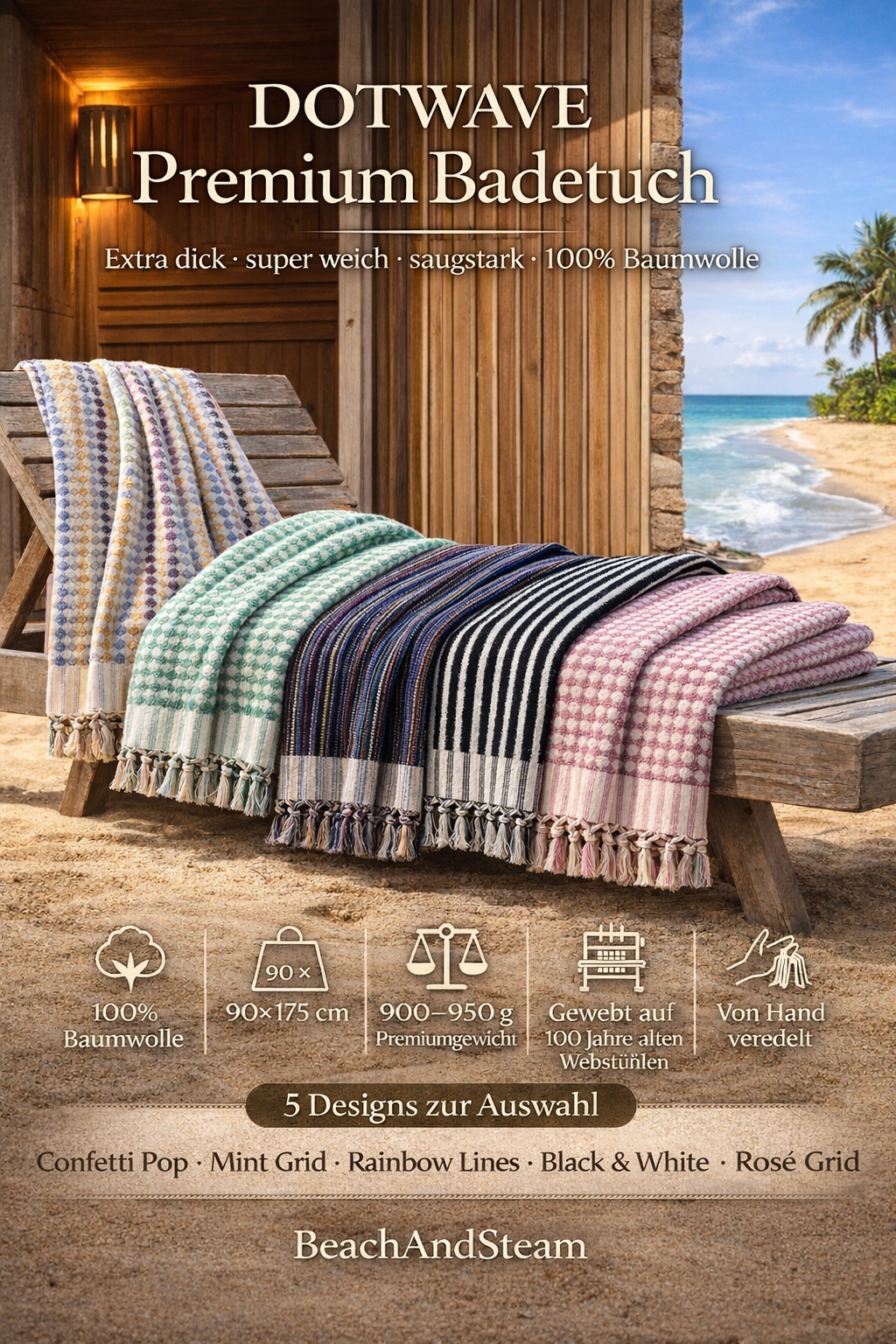 Großes DOTWAVE Saunatuch von BeachAndSteam, XL 90x175 cm, 100 % Baumwolle, buntes Confetti-Design, für Sauna und Strand.