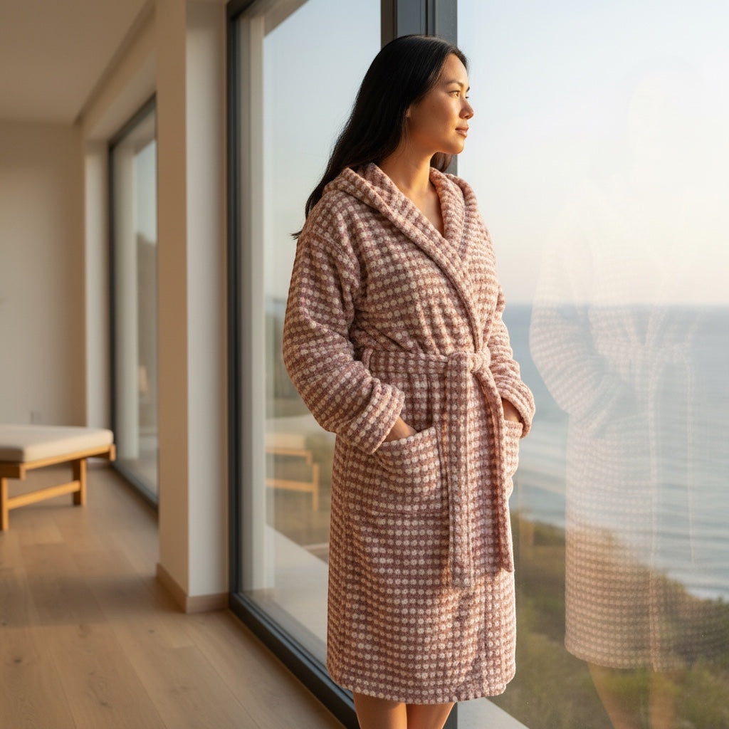 Frau im rosa DOTWAVE Kapuzenbademantel am Fenster mit Meerblick