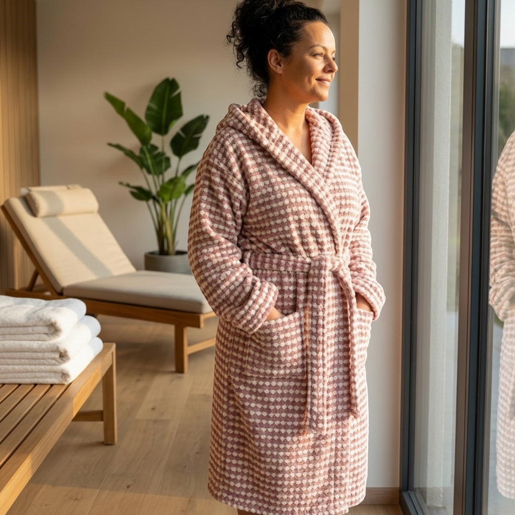 Frau im rosa DOTWAVE Kapuzenbademantel in einem hellen Spa-Raum