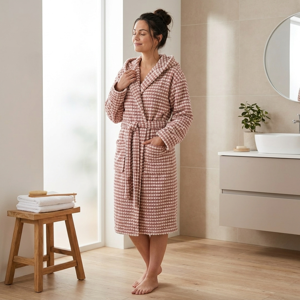Frau im rosa DOTWAVE Bademantel mit Gürtel, Vorderansicht