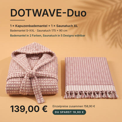 DOTWAVE-Duo: Kapuzenbademantel und Saunatuch XL in Rosé Grid, gefaltet – 139,00 €, Einzelpreise zusammen 158,90 €