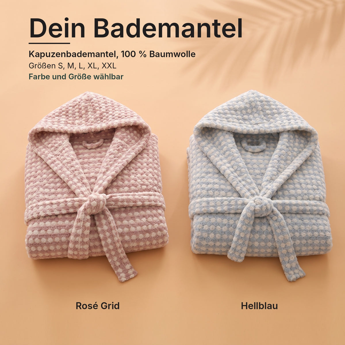 DOTWAVE-Duo Kapuzenbademantel in Rosé Grid und Hellblau, gefaltet, Größen S bis XXL