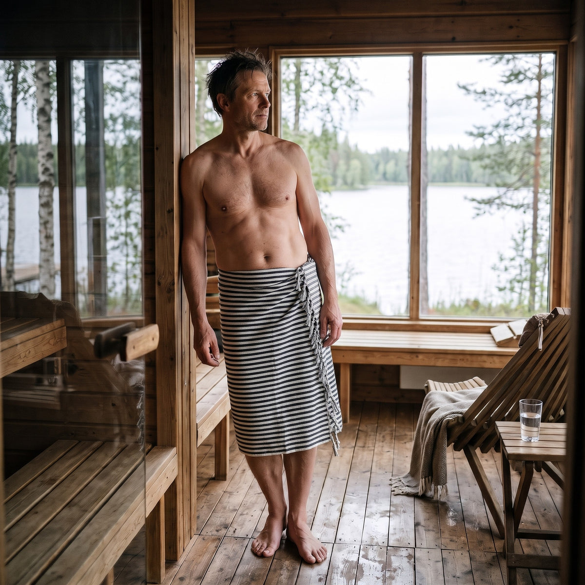 Mann nach der Sauna im Ruheraum, das DOTWAVE Saunatuch XL in Black&White um die Hüfte gewickelt