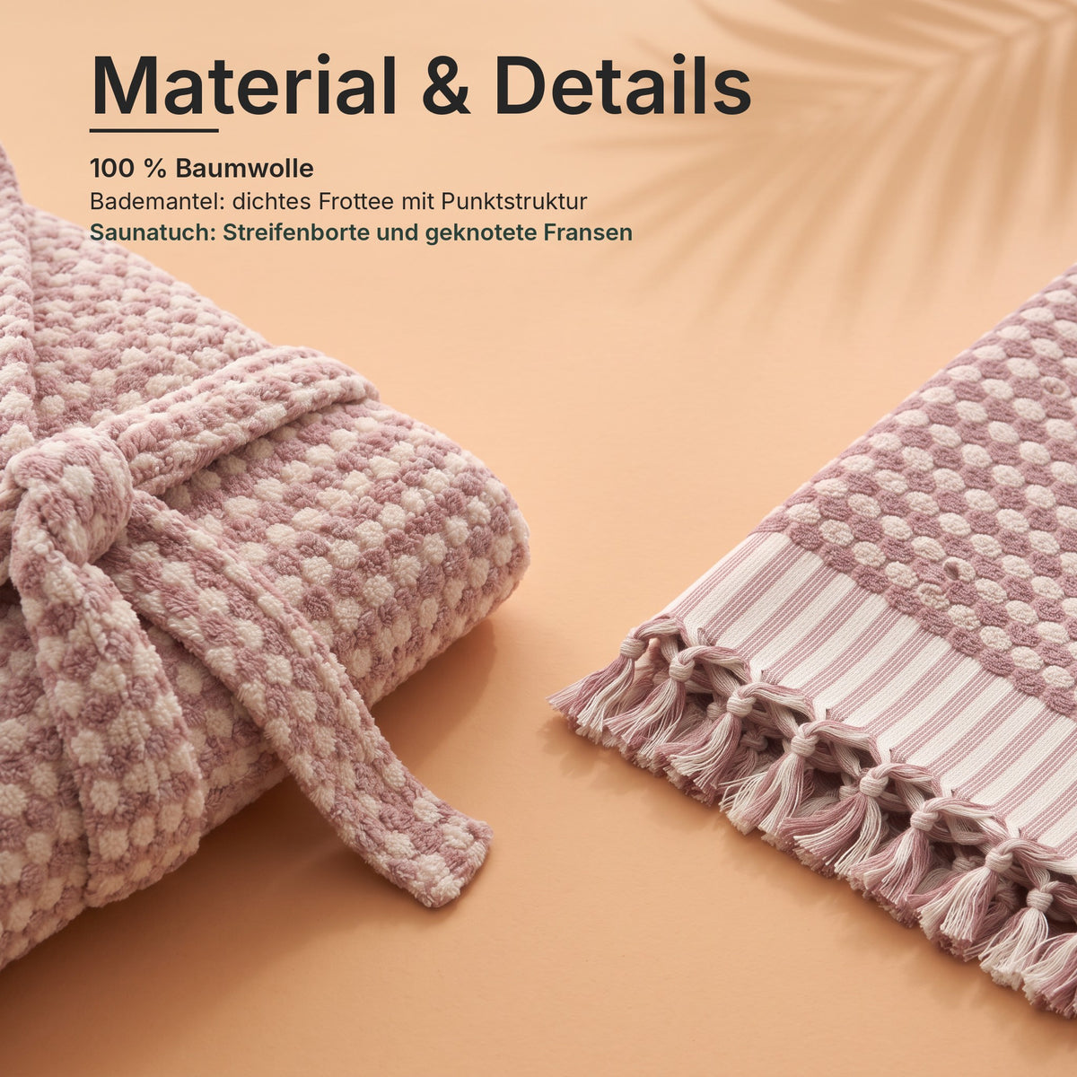 DOTWAVE-Duo Nahaufnahme: Frottee mit Punktstruktur am Bademantel, Streifenborte und Fransen am Saunatuch XL, Rosé Grid