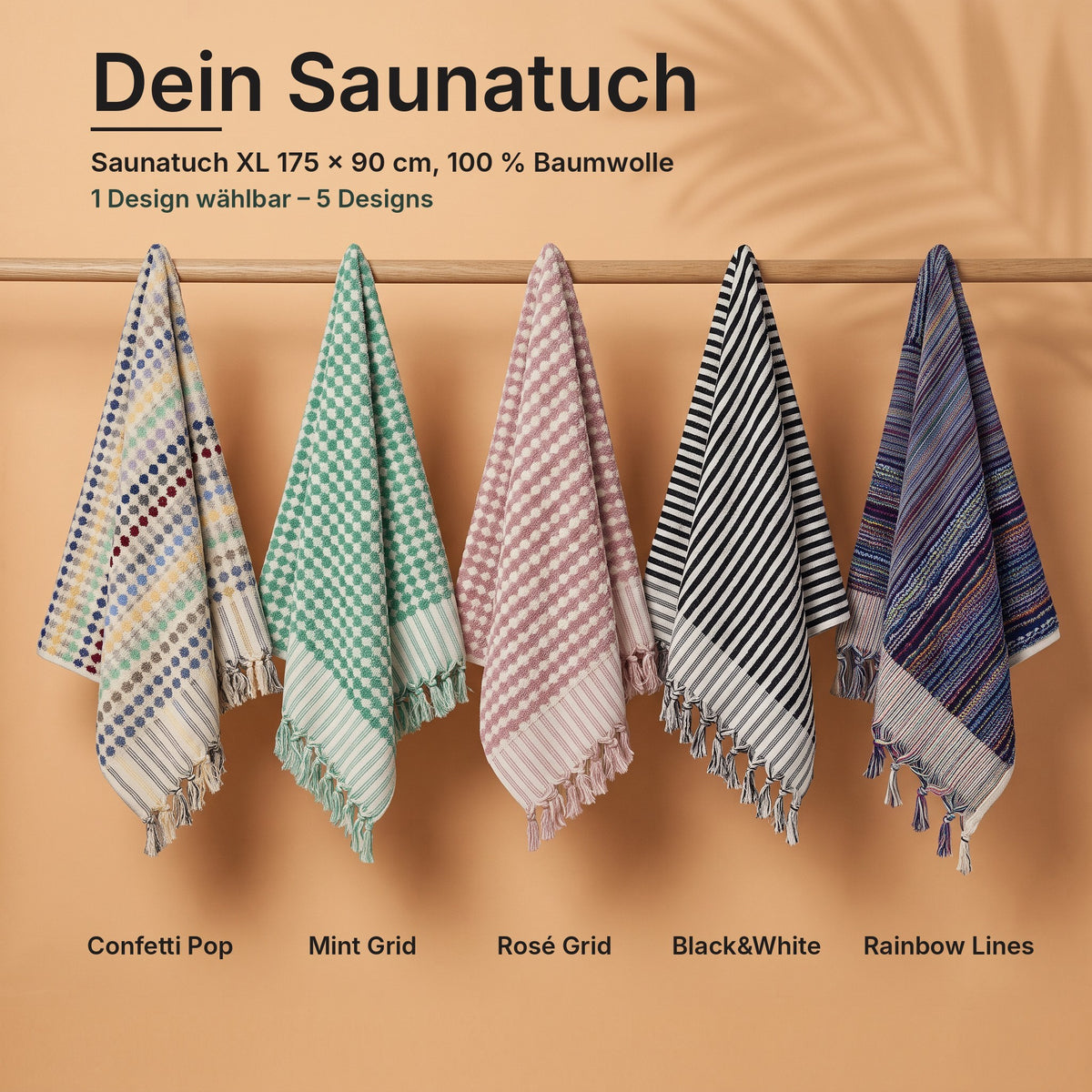 DOTWAVE-Duo Saunatuch XL 175 × 90 cm in 5 Designs: Confetti Pop, Mint Grid, Rosé Grid, Black&White, Rainbow Lines