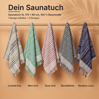 DOTWAVE-Duo Saunatuch XL 175 × 90 cm in 5 Designs: Confetti Pop, Mint Grid, Rosé Grid, Black&White, Rainbow Lines