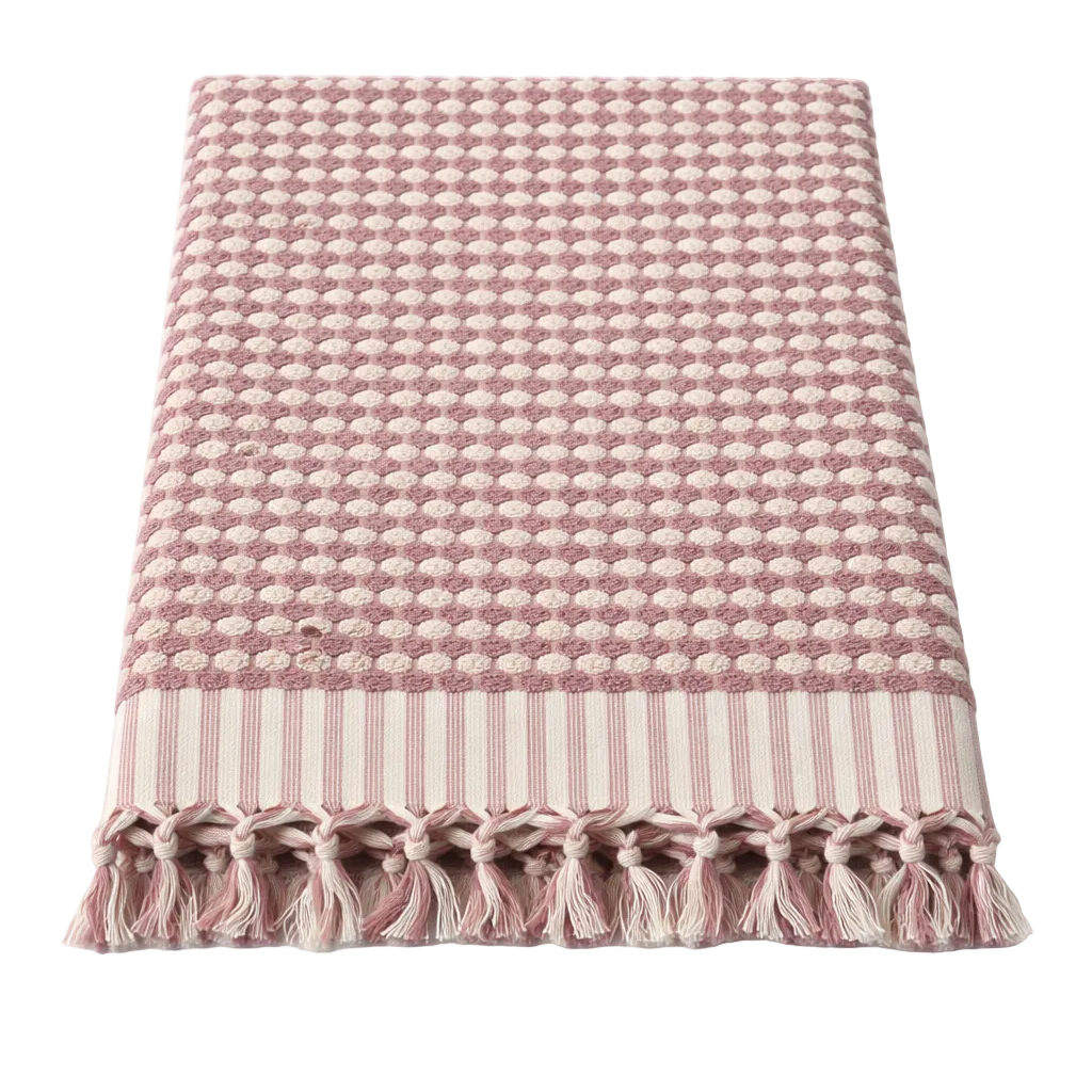 Rosa-weißes DOTWAVE Saunatuch XL mit Punktmuster und Fransen