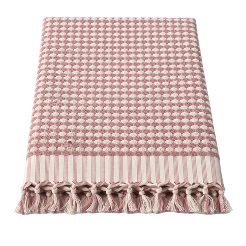 Rosa-weißes DOTWAVE Saunatuch XL mit Punktmuster und Fransen