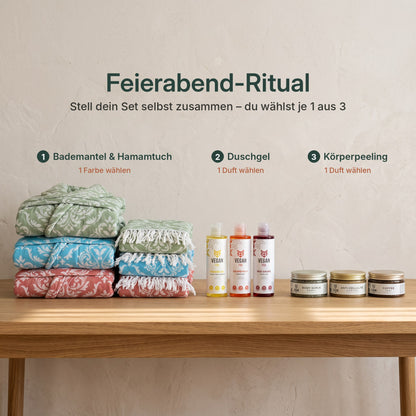 Feierabend-Ritual Set: Bademantel & Hamamtuch in Grün, Blau oder Rot, VEGAN FOX Duschgel und Körperpeeling – je 1 aus 3 wählen