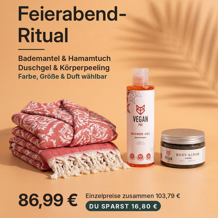 Feierabend-Ritual Set: Trimita Barok Bademantel mit Hamamtuch, VEGAN FOX Duschgel und Körperpeeling – Einzelpreise zusammen und Ersparnis