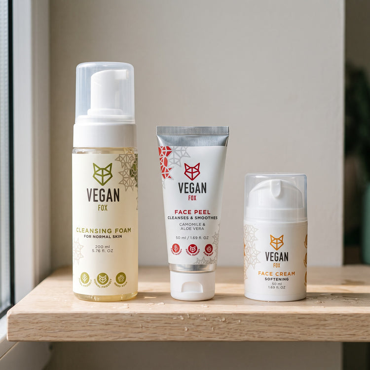Gesichtspflege Set Lieferumfang: VEGAN FOX Reinigungsschaum 200 ml, Gesichtspeeling 50 ml, Gesichtscreme 50 ml