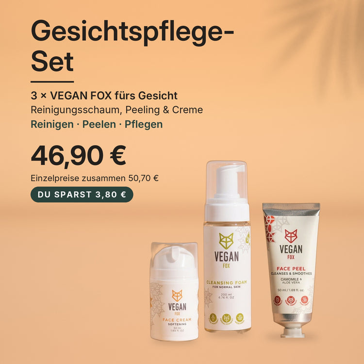 Gesichtspflege-Set von VEGAN FOX: Reinigungsschaum 200 ml, Gesichtspeeling 50 ml und Gesichtscreme 50 ml – reinigen, peelen, pflegen – 46,90 € statt 50,70 € einzeln