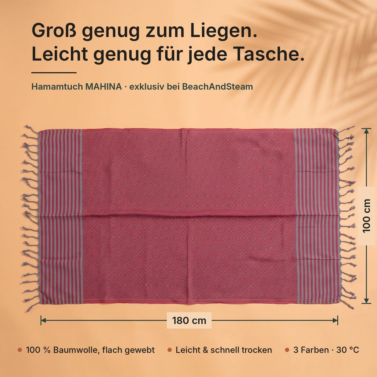 Hamamtuch MAHINA in Rot flach ausgebreitet, 180 × 100 cm, Baumwolle, leicht und schnell trocken