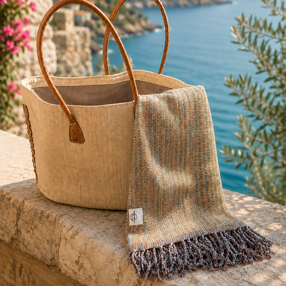 Beiges Hamamtuch Ocean an einer Strandtasche mit Meerblick