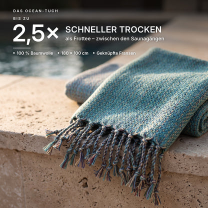 Hamamtuch Ocean im Detail: bis zu 2,5× schneller trocken als Frottee, 100 % Baumwolle, 180 × 100 cm, geknüpfte Fransen
