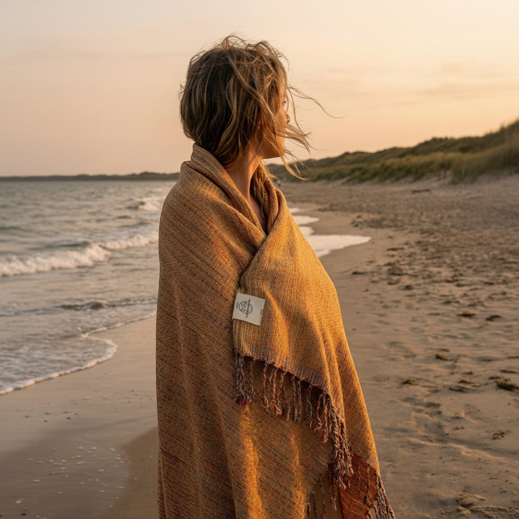 Frau am Strand bei Sonnenuntergang, in ein orangefarbenes Hamamtuch Ocean gehüllt