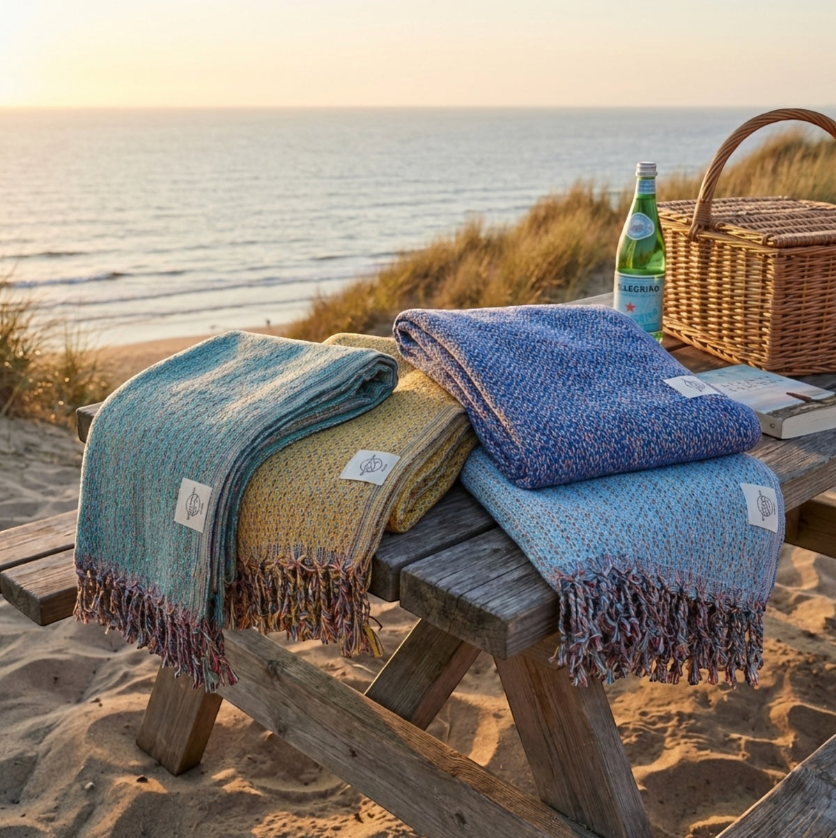 Hamamtücher Ocean in mehreren Farben auf einem Picknicktisch am Strand