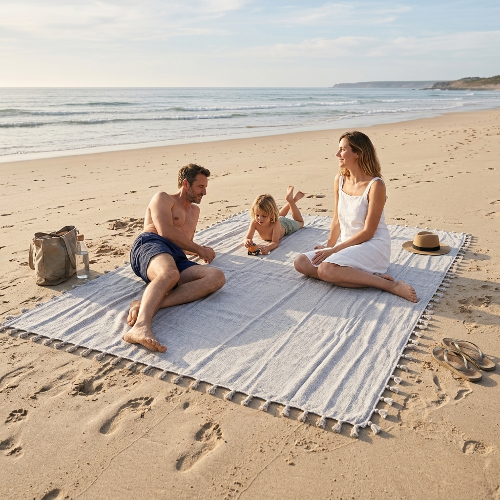 Großes Strandtuch Coastline XXL von BeachAndSteam, weiches Hamamtuch mit buntem, maritimem Muster zum Entspannen am Strand